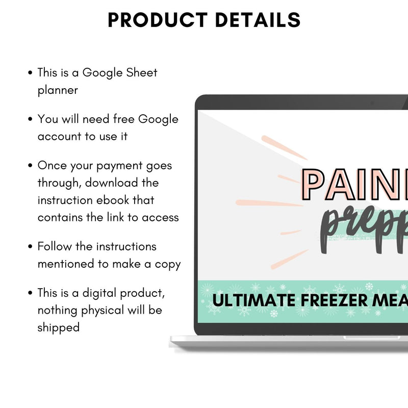 Mockup of Painless Prepping: Ultimate Freezer Meal Prep Spreadsheet showing additional product details