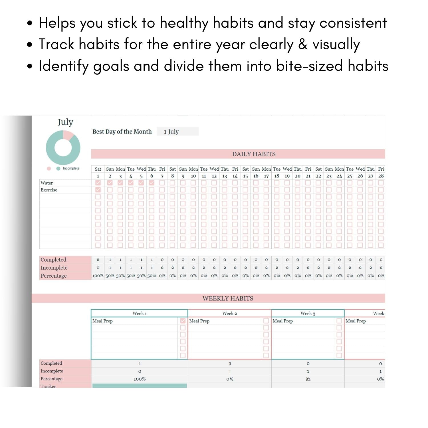 Mockup of Healthy Habit Tracker showing the month tab up close with reasons to purchase 