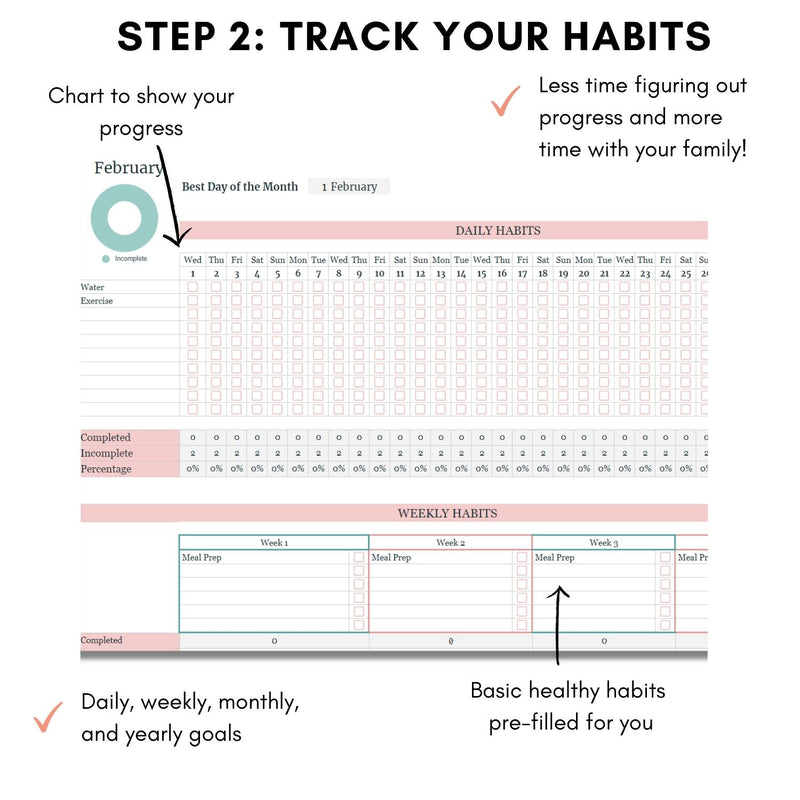 Mockup of Healthy Habit Tracker showing how to track your habits on one of the 12 month tabs