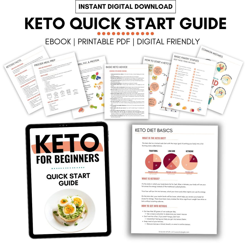 Mockup of Keto For Beginners Quick Start Guide displayed on a tablet and some loose papers