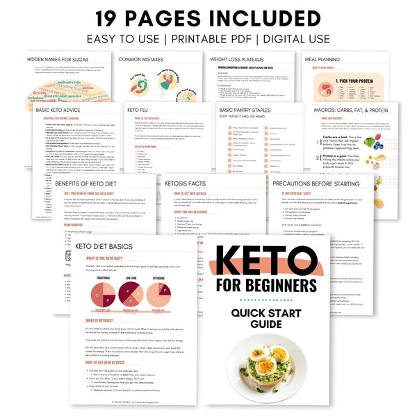 Mockup of Keto For Beginners Quick Start Guide showing 19 pages included in the bundle
