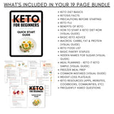 Mockup of Keto For Beginners Quick Start Guide showing what is included with list of everything on the 19 pages