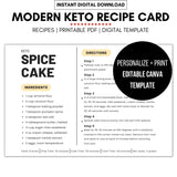Mockup of modern keto recipe card displaying the full recipe card and notes about editing and personalizing the template.