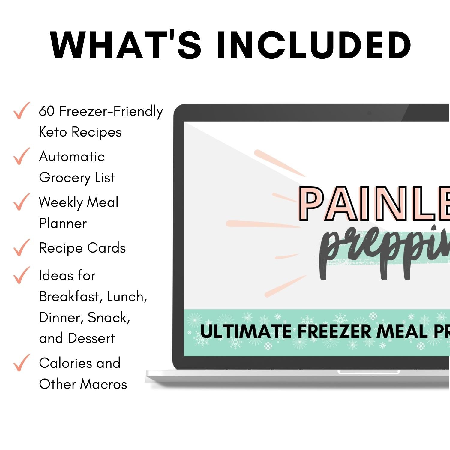 Mockup of Painless Prepping: Ultimate Freezer Meal Prep Spreadsheet showing what's included, great features for purchasing