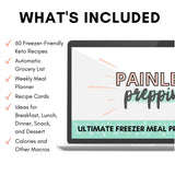 Mockup of Painless Prepping: Ultimate Freezer Meal Prep Spreadsheet showing what's included, great features for purchasing