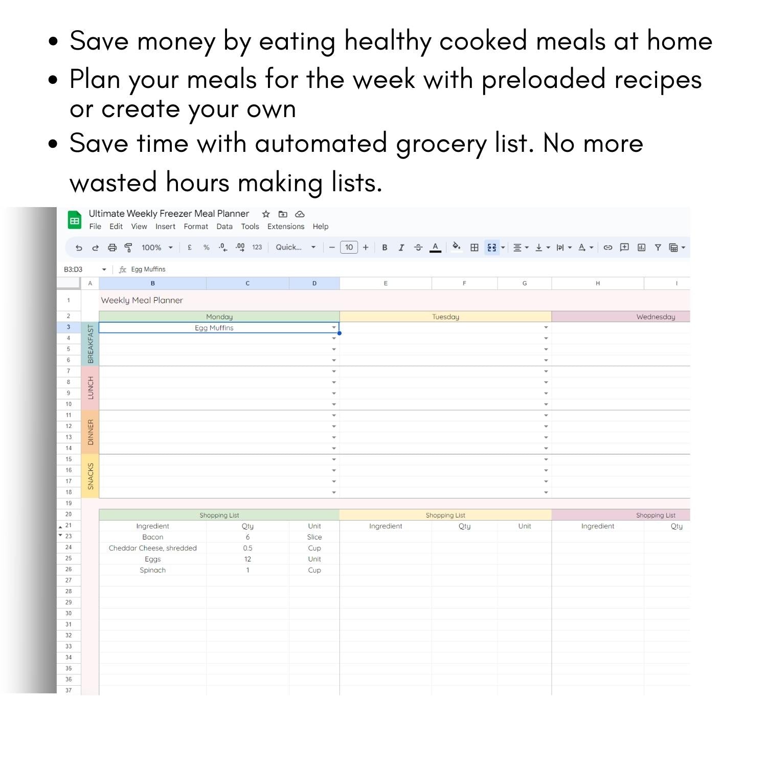 Mockup of Painless Prepping: Ultimate Freezer Meal Prep Spreadsheet showing 3 main features like saving time and money