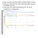 Mockup of Painless Prepping: Ultimate Freezer Meal Prep Spreadsheet showing 3 main features like saving time and money