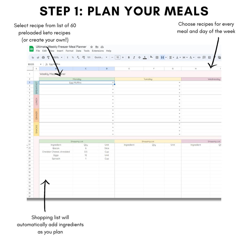 Mockup of Painless Prepping: Ultimate Freezer Meal Prep Spreadsheet showing how to plan your meals using the spreadsheet 
