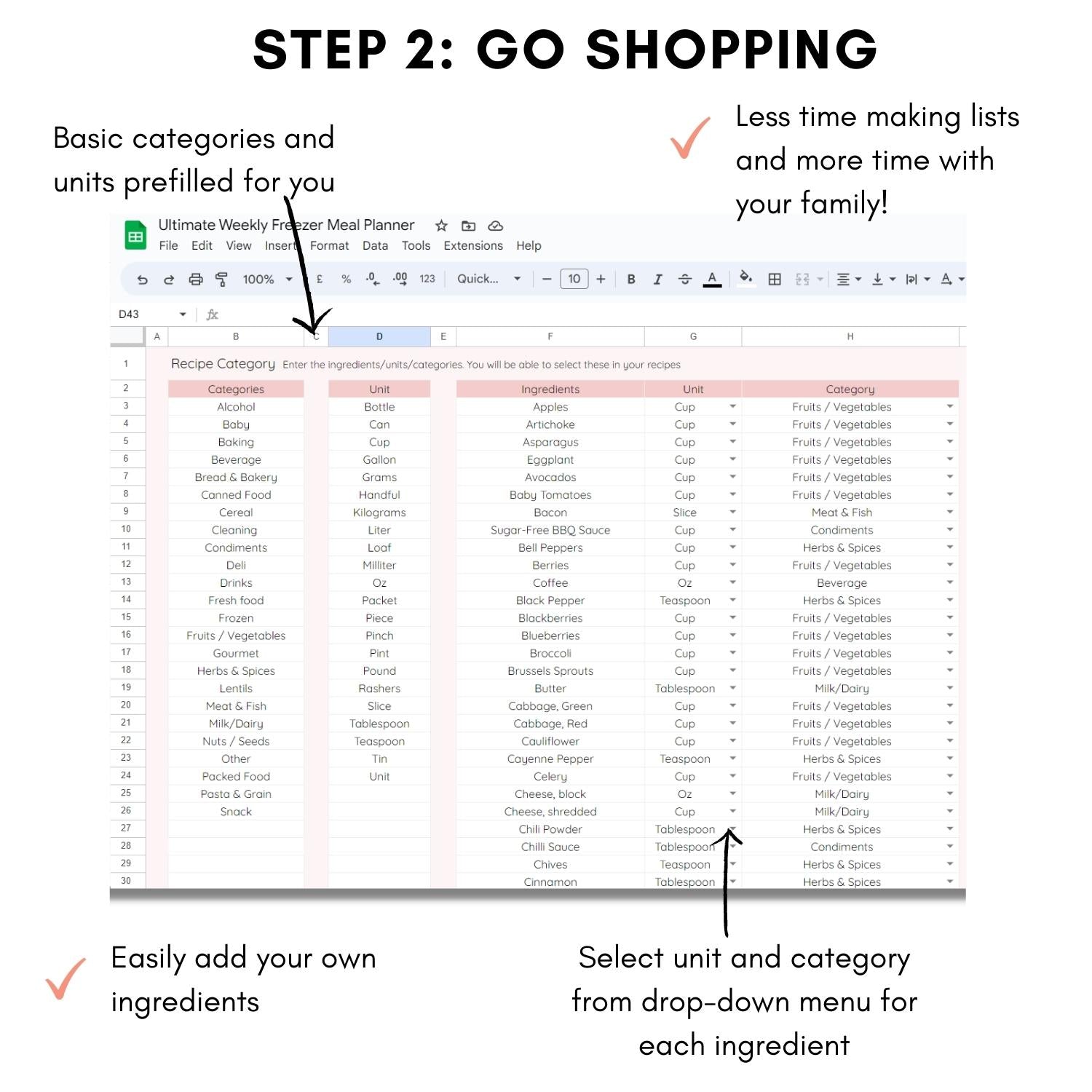 Mockup of Painless Prepping: Ultimate Freezer Meal Prep Spreadsheet showing how to use the automated grocery list for shopping