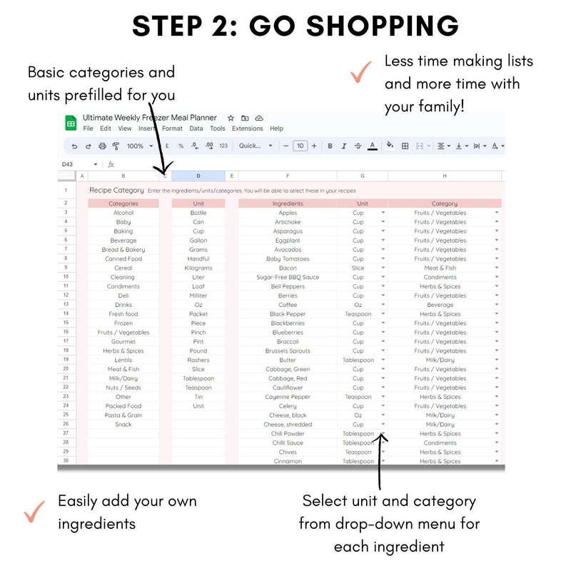Mockup of Painless Prepping: Ultimate Freezer Meal Prep Spreadsheet showing how to use the automated grocery list for shopping