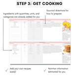 Mockup of Painless Prepping: Ultimate Freezer Meal Prep Spreadsheet showing how to use the recipe tab with directions, ingredients, macros, prep time, cook time, and yield