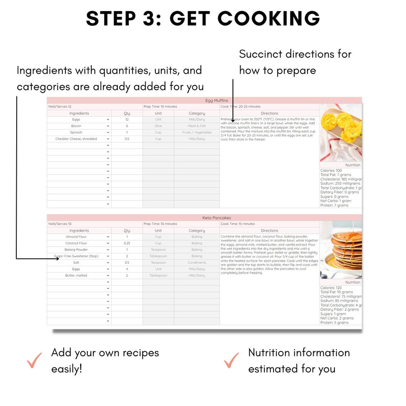 Mockup of Painless Prepping: Ultimate Freezer Meal Prep Spreadsheet showing how to use the recipe tab with directions, ingredients, macros, prep time, cook time, and yield