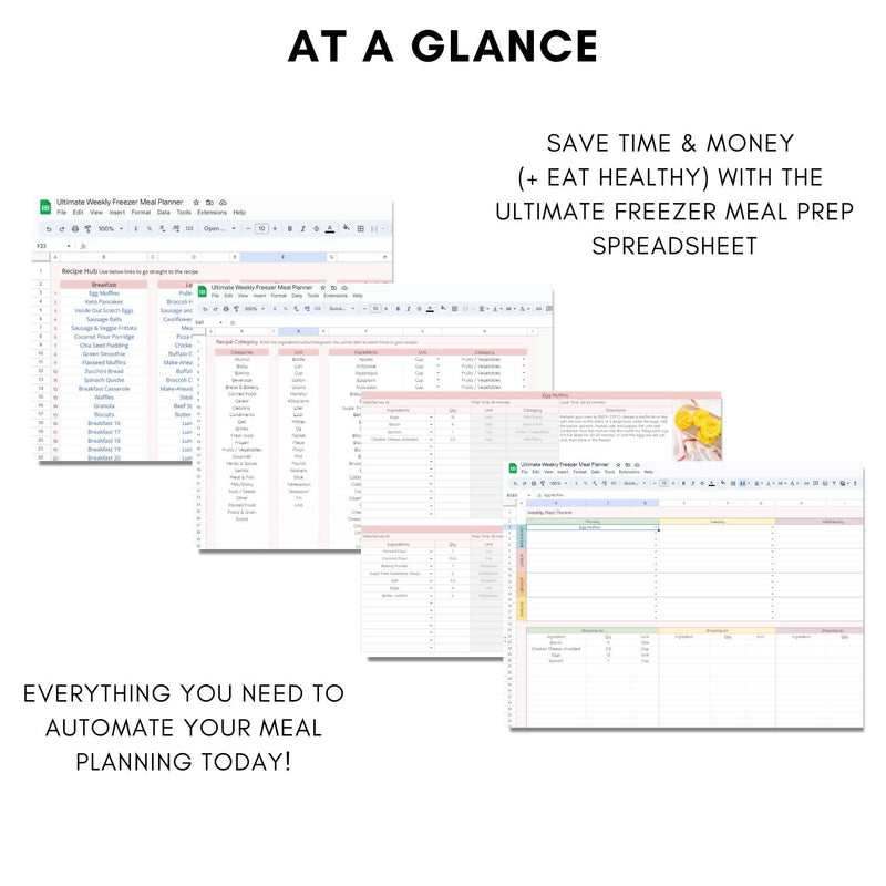 Mockup of Painless Prepping: Ultimate Freezer Meal Prep Spreadsheet showing all important tabs with some of the best features 