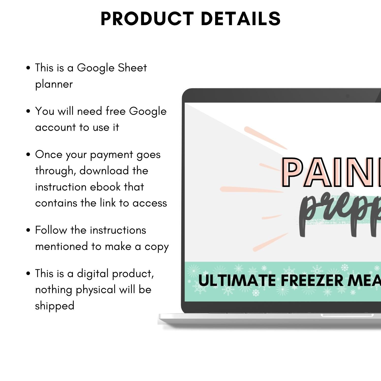 Mockup of Painless Prepping: Ultimate Freezer Meal Prep Spreadsheet showing additional product details