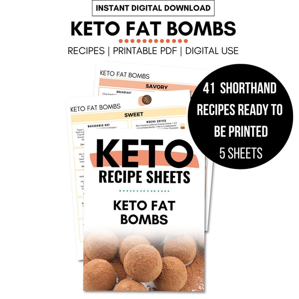 Mockup of Keto Fat Bombs Printable Hero Image with 2 preview pages of the sweet and savory recipe options