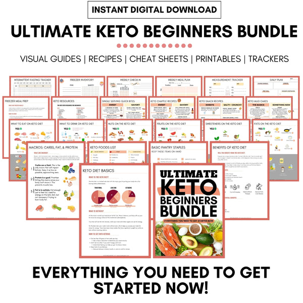Ultimate Keto Beginners Bundle Mockup with all 4 bundles displayed including the keto quick start guide, visual guides,recipe sheets, and printable food & progress trackers