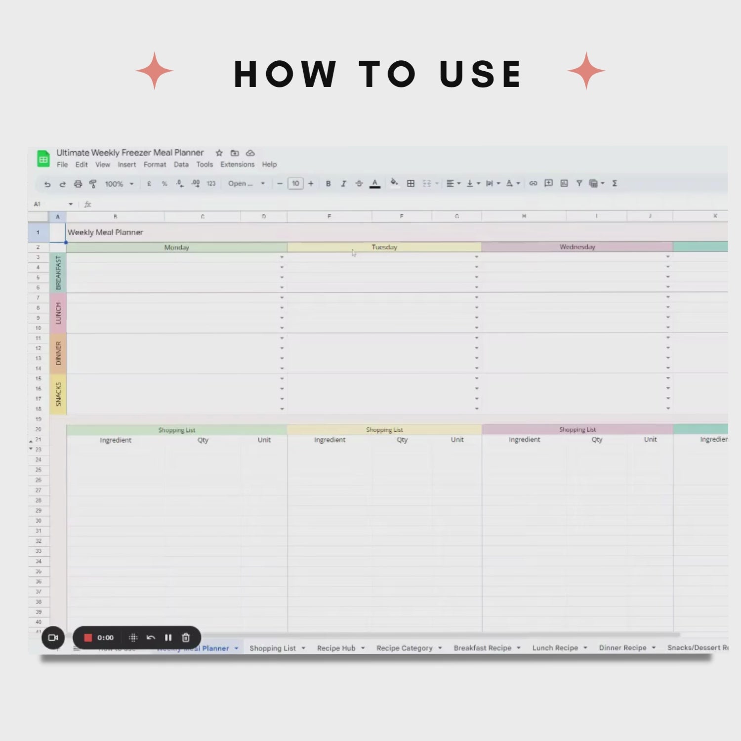 Video of how to use showing each tab of Painless Prepping: Ultimate Freezer Meal Prep Spreadsheet 